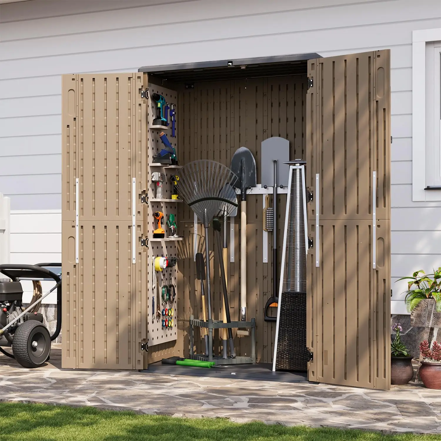 Cobertizo de almacenamiento al aire libre con piso, gabinete de almacenamiento exterior grande de 64 pies cúbicos, cobertizo de resina vertical impermeable para herramientas de jardín, piscina E
