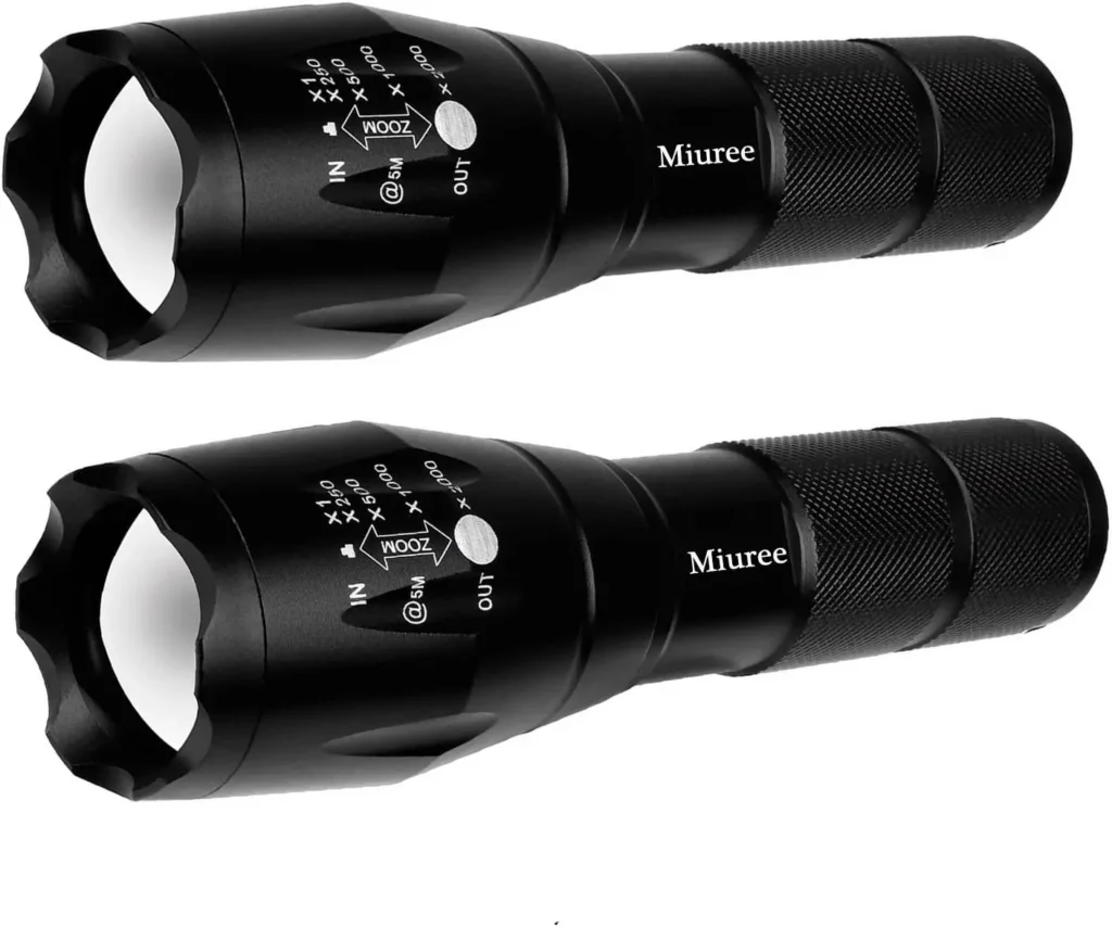 Paquete de 2 linternas tácticas LED resistentes al agua grado militar 2000 lúmenes 5 modos función de Zoom antorcha ultrabrillante