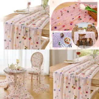 Camino de mesa de tul bordado con margaritas rosas de 10 pies para decoración de fiesta y hogar de temporada