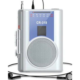 Reproductor de casetes portátil: radio AM/FM, micrófono y altavoz integrados, funciona con alimentación AA/DC