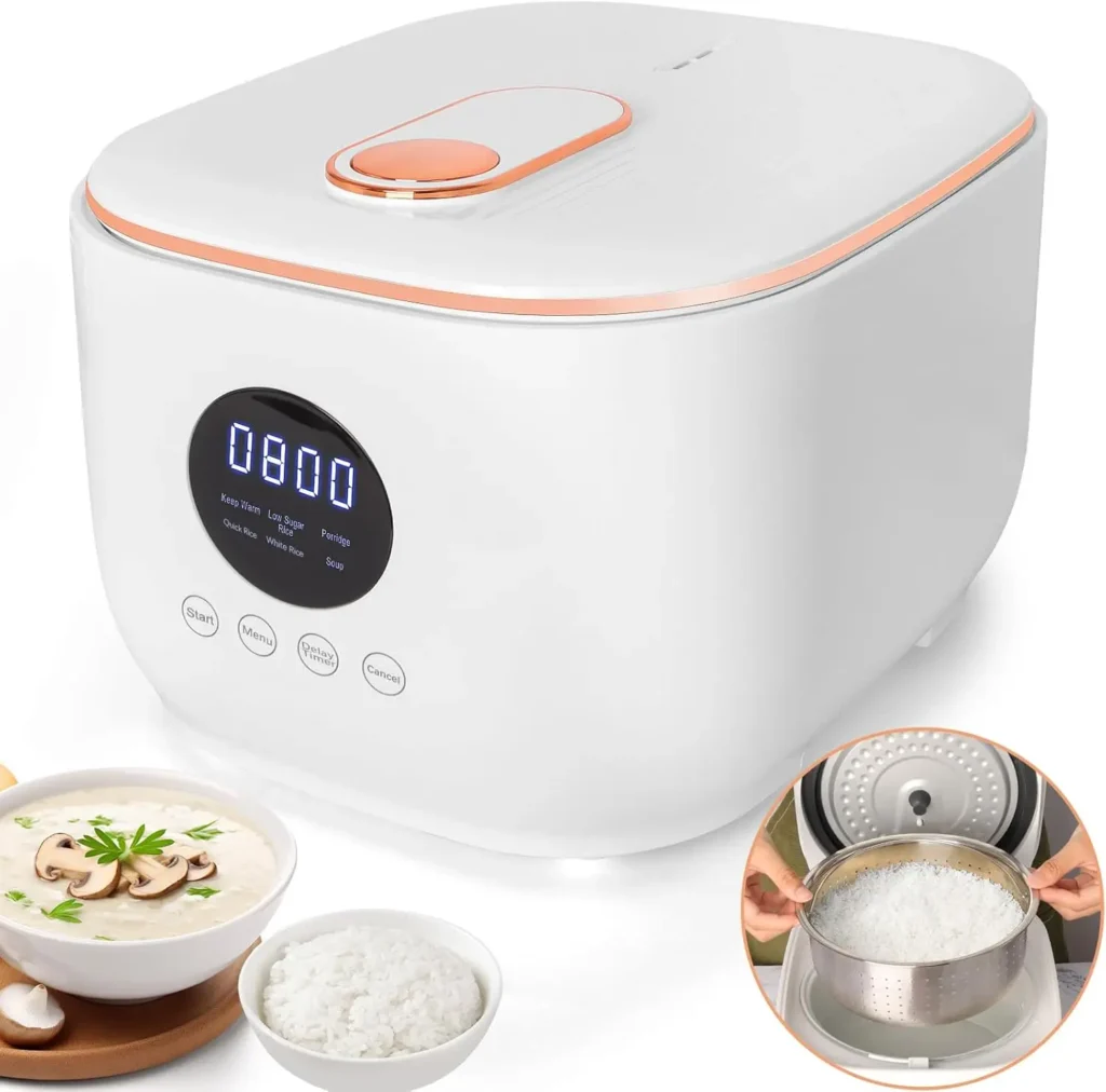 Olla arrocera baja en azúcar, olla arrocera pequeña de bajo carburgo de 3L con cesta vaporera de acero inoxidable, retardo 24H, 8H, mantiene el calor, 5 funciones de cocina