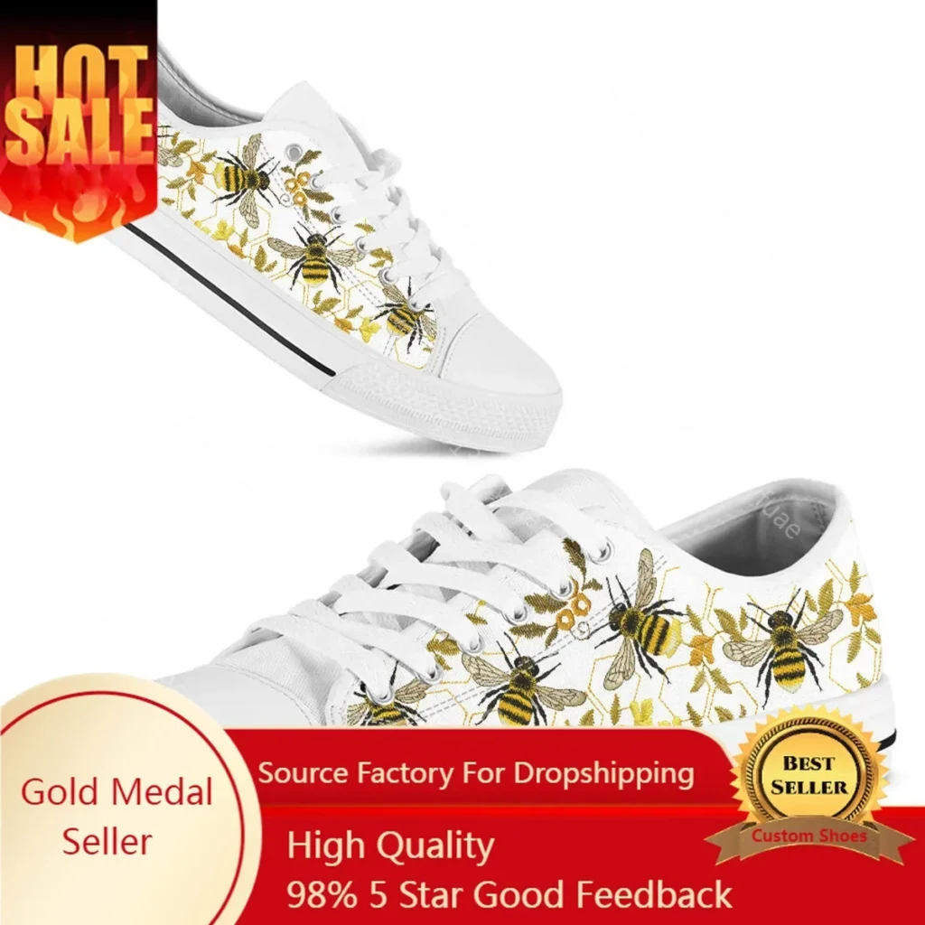 Zapatos planos informales para mujer, bonitos zapatos planos de lona con diseño de abeja, zapatos planos blancos de talla grande hasta 45/46