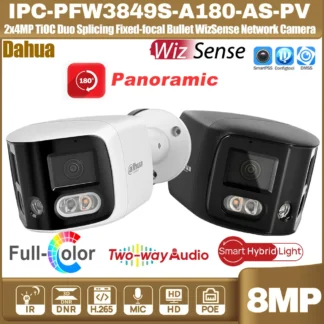 Dahua IPC-PFW3849S-A180-AS-PV 2x4MP 180 ° TiOC Duo Splicing Cámara de red tipo bala focal fija Alarma de sonido y luz de 8 MP Audio bidireccional
