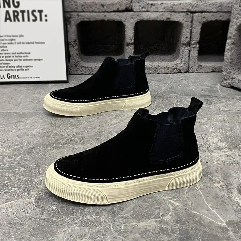 Botas cálidas de corte alto para hombre, zapatos de invierno sin cordones con plataforma, Chelsea con piel, calzado no Retro de moda 2025, nueva oferta Vintage