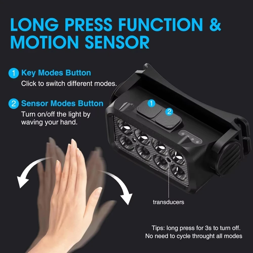Linterna frontal recargable con Sensor de movimiento para exteriores, 8 LED, ultrabrillante, para pesca, 5 modos de luz, linternas
