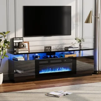 Soporte para TV con chimenea LED de 70 pulgadas, soporte para TV con chimenea eléctrica moderna con gabinetes, soporte para TV de 2 niveles con chimeneas de 36 pulgadas