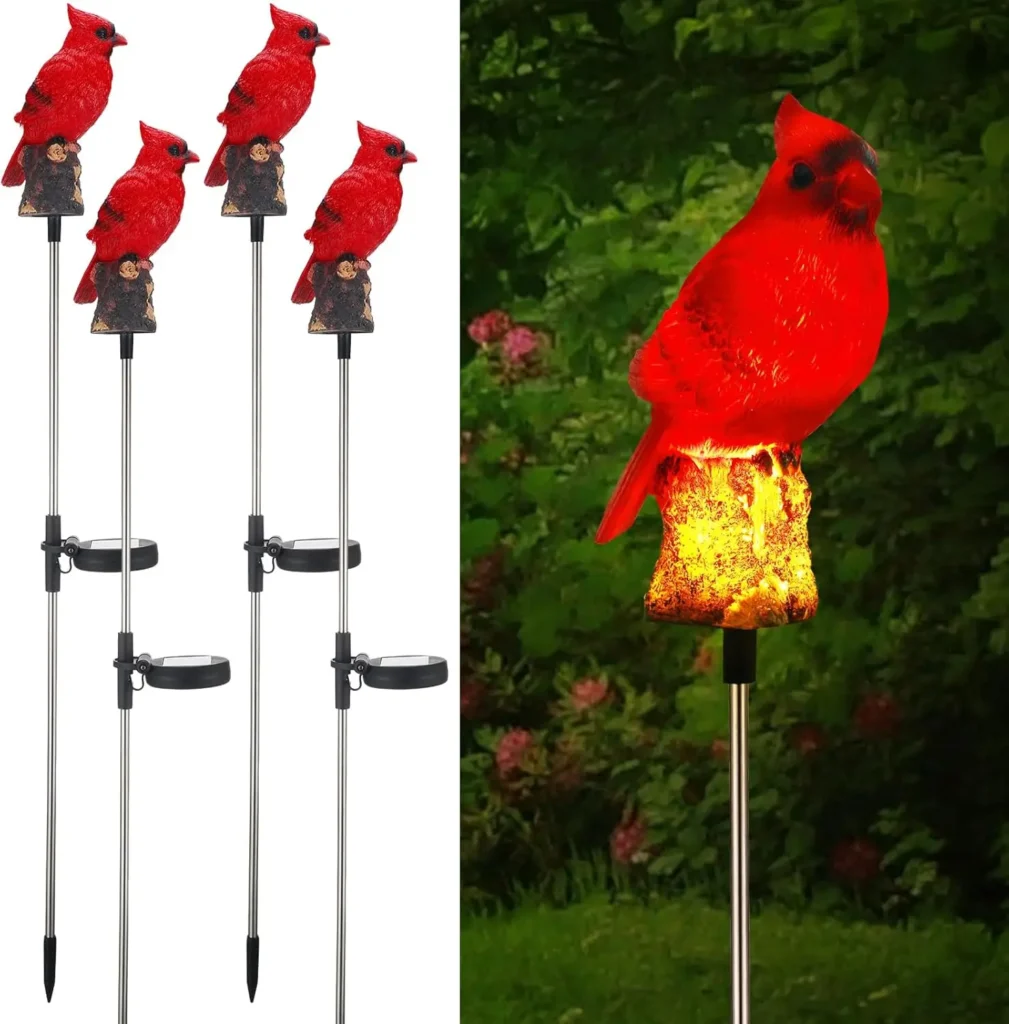 Paquete de 4 luces solares de estaca cardeal, decoración de jardín de pájaros rojos para caminos al aire libre, regalos de Navidad de Acción de Gracias