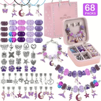 68 Uds. De dijes de cuentas moradas, pulsera hecha a mano, collar, serie de sirena y unicornio, conjunto de regalo para regalo hecho a mano