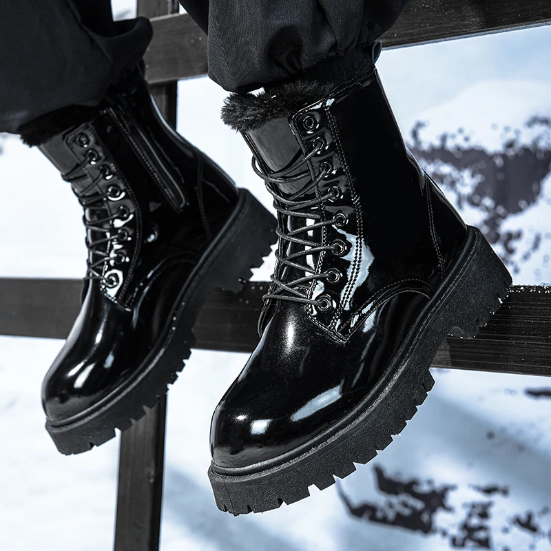 Botas altas de felpa cálidas para hombre, botas informales antideslizantes de suela blanda para invierno, zapatos de trabajo para nieve cómodos unisex de talla grande a la moda