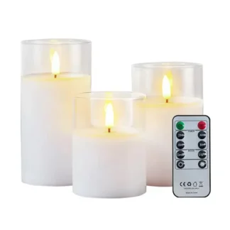 Juego de 3 velas Led de cristal de pilar, mecha 3D parpadeante, funciona con pilas, control remoto de 10 teclas y velas de pilar de temporizador, cera de parafina