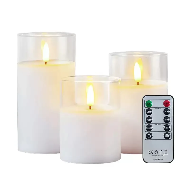 Juego de 3 velas Led de cristal de pilar, mecha 3D parpadeante, funciona con pilas, control remoto de 10 teclas y velas de pilar de temporizador, cera de parafina