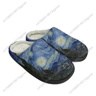 Van Gogh pintura al óleo noche estrellada hogar zapatillas personalizadas de algodón sandalias para hombre y mujer dormitorio de felpa zapatos para mantener el calor zapatilla térmica