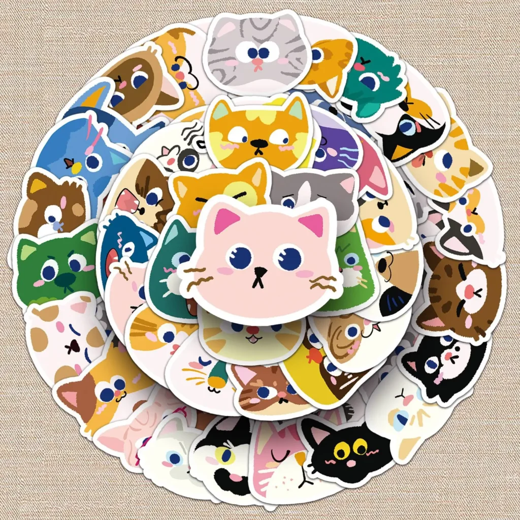 50 Uds. Pegatinas de garabatos con cabeza de gato, calcomanías dibujadas a mano de dibujos animados bonitos para botella de agua, equipaje para teléfono