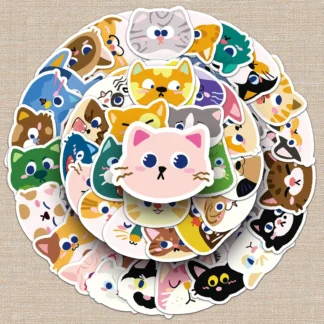 50 Uds. Pegatinas de garabatos con cabeza de gato, calcomanías dibujadas a mano de dibujos animados bonitos para botella de agua, equipaje para teléfono
