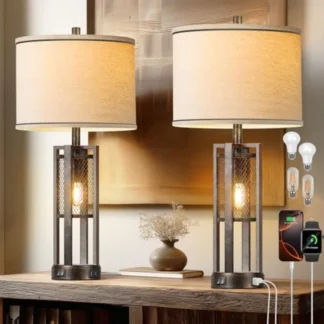 Lámpara de mesa industrial de granja de 28 pulgadas, juego de 2 lámparas de mesita de noche rústicas con puertos USB A + C duales, malla metálica bronce nocturna