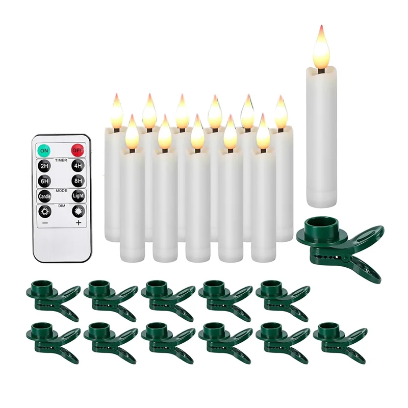 Juego de velas cónicas ABGR-LED, 12 piezas, velas de mecha 3D sin llama con diseño de árbol de Navidad con Clip, luz blanca cálida