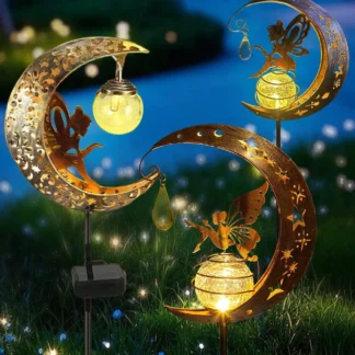 Luces de estaca solares Moon & Fairy, estaca de metal de vidrio craquelado, LED impermeable para jardín y camino (1 paquete)