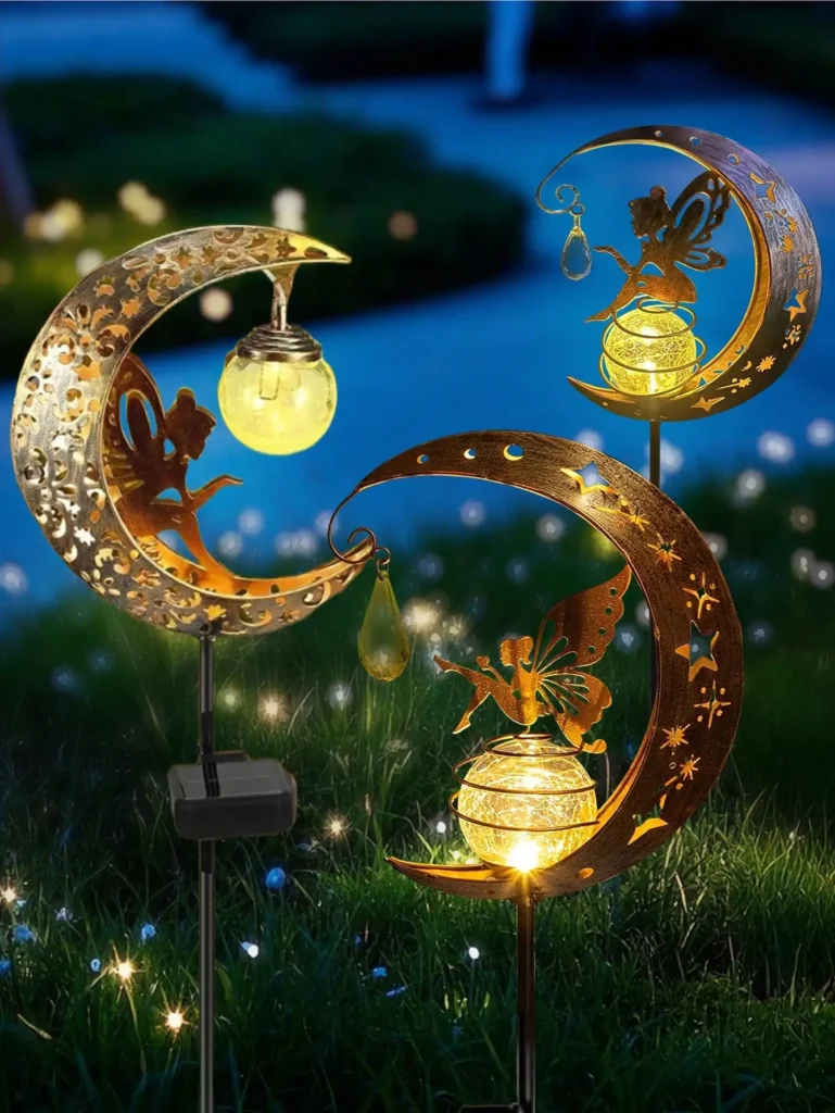 Luces de estaca solares Moon & Fairy, estaca de metal de vidrio craquelado, LED impermeable para jardín y camino (1 paquete)