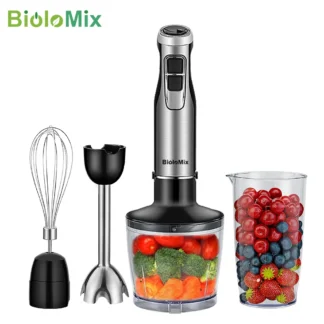 BioloMix-batidora de mano de inmersión 4 en 1, alta potencia, 1200W, incluye picadora y taza para batidos, cuchillas de hielo de acero inoxidable