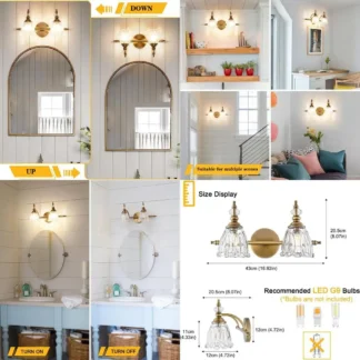 Accesorios de tocador de 2 luces de oro rústico con pantallas de cristal de flores para iluminación de baño de granja