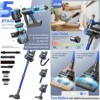 Aspirador inalámbrico: tiempo de ejecución de 45 minutos, succión de 40 KPa, silencioso de 60 dB, 6 en 1 para suelos, alfombras, pelo de mascotas (azul)