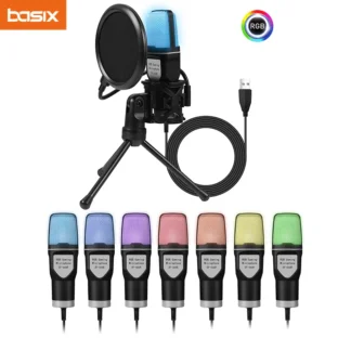 Micrófono USB para juegos para PC, micrófono condensador con indicador RGB, trípode, Control de ganancia para grabar Podcast en vivo, micrófono de ordenador