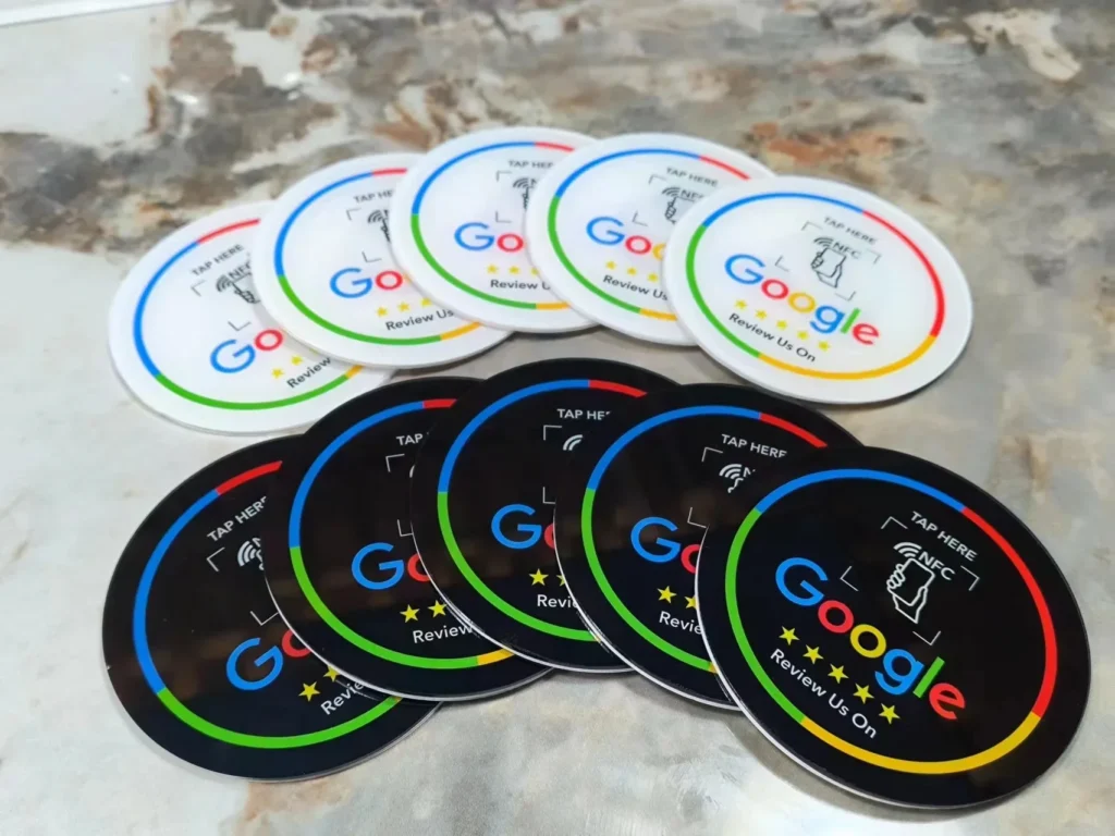 Acrílico programable de 13,56 MHz con respaldo autoadhesivo Etiqueta de mesa NFC Diámetro 10 CM Reseñas de Google Etiqueta NFC NFC NFC 215