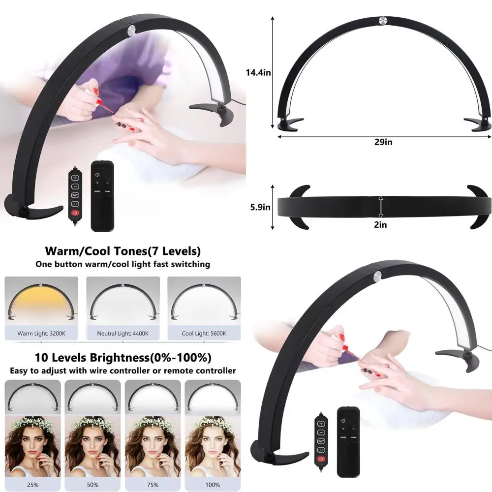 Lámpara de escritorio para uñas de media luna con control de cable y control remoto, 29, 7 tonos de color, 10 niveles de brillo, ideal para extensiones de pestañas