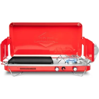 Estufa y plancha portátil 2 en 1 para acampar a Gas propano con encendedor integrado, bandeja de goteo de acero inoxidable, mango de transporte incorporado