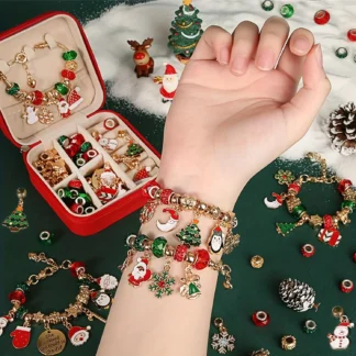 Kit de fabricación de pulseras con dijes navideños, elegante kit de fabricación de joyas con cuentas de la serie verde, juego de regalo de Navidad para artes y manualidades de mujeres