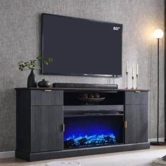 Soporte para TV con chimenea estriada alta 31 con 36 chimenea eléctrica para TV de 80 pulgadas Centro de entretenimiento moderno con 2 cajones y Adju