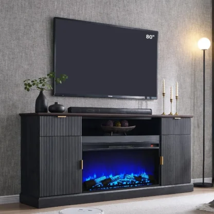 Soporte para TV con chimenea estriada alta 31 con 36 chimenea eléctrica para TV de 80 pulgadas Centro de entretenimiento moderno con 2 cajones y Adju