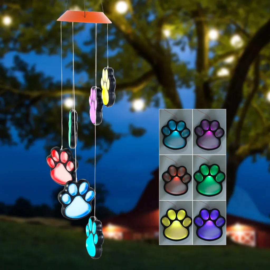 Carillón de viento Solar LED, iluminación con estampado de pata de Mascota, IP65, impermeable, decoración colgante de jardín, luz que cambia de Color