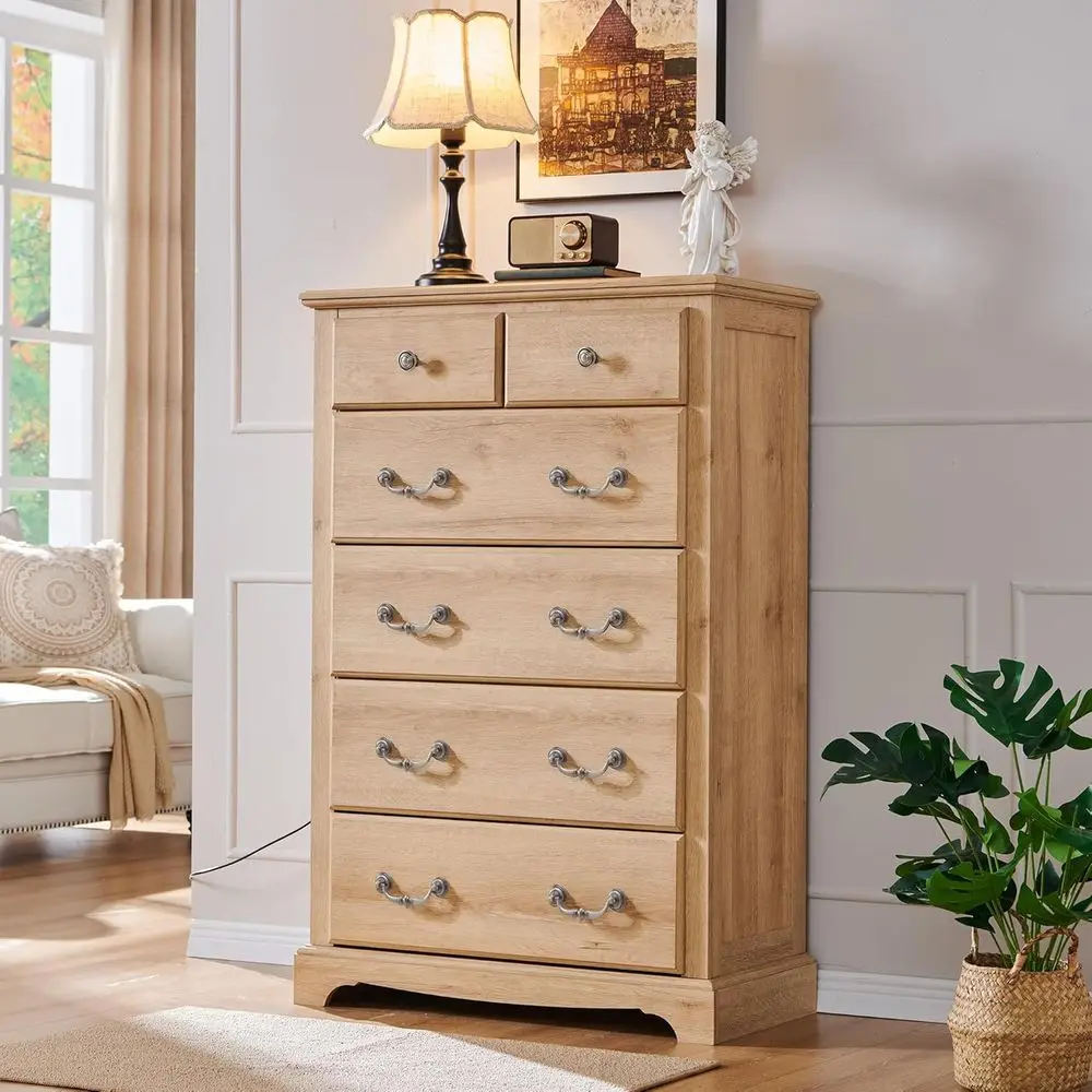 Cómoda rústica de madera de roble natural alta 48 para almacenamiento en dormitorio, sala de estar y pasillo