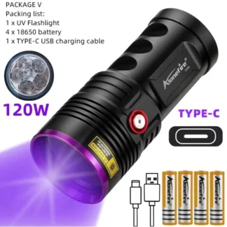 AloneFire 120W UV potente linterna ultravioleta 6x365nm antorcha recargable para curar dinero mineral escorpión Detector fluorescente