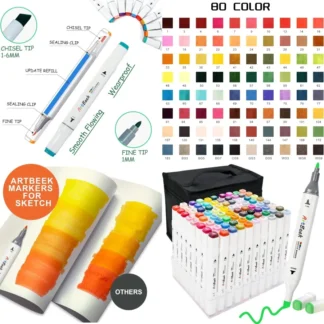 ArtBeek Juego de 80 marcadores de alcohol de colores para libros para colorear para adultos, marcadores de punta doble sin sangrado con cincel y punta fina para detalles