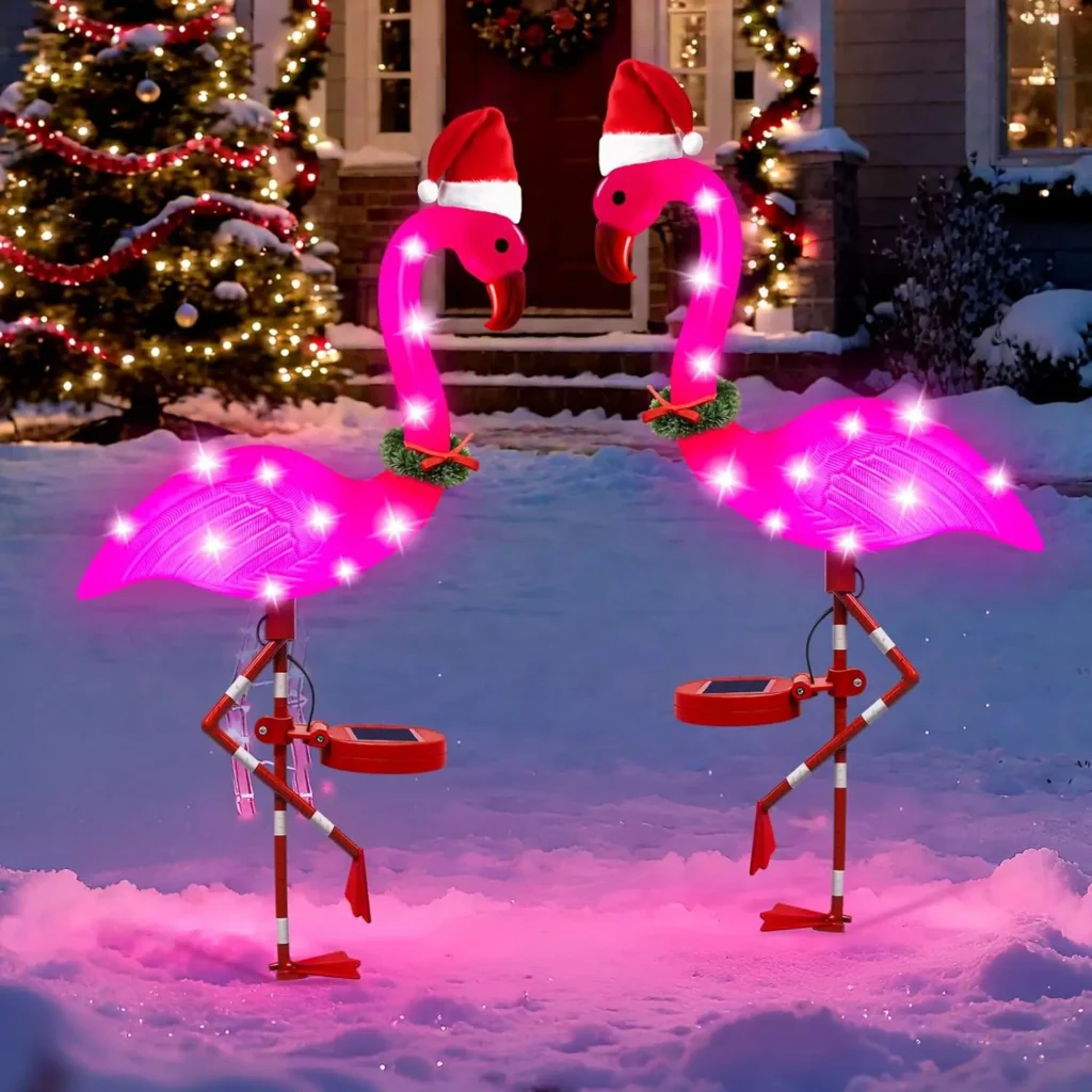 Paquete de 2 luces solares de flamencos, decoración impermeable para jardín al aire libre para patio, patio, camino, regalo perfecto para mujeres