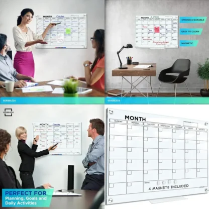 Planificador de calendario grande de borrado en seco de vidrio montado en la pared de 18x24 pulgadas con pizarra blanca mensual y bandeja marcadora