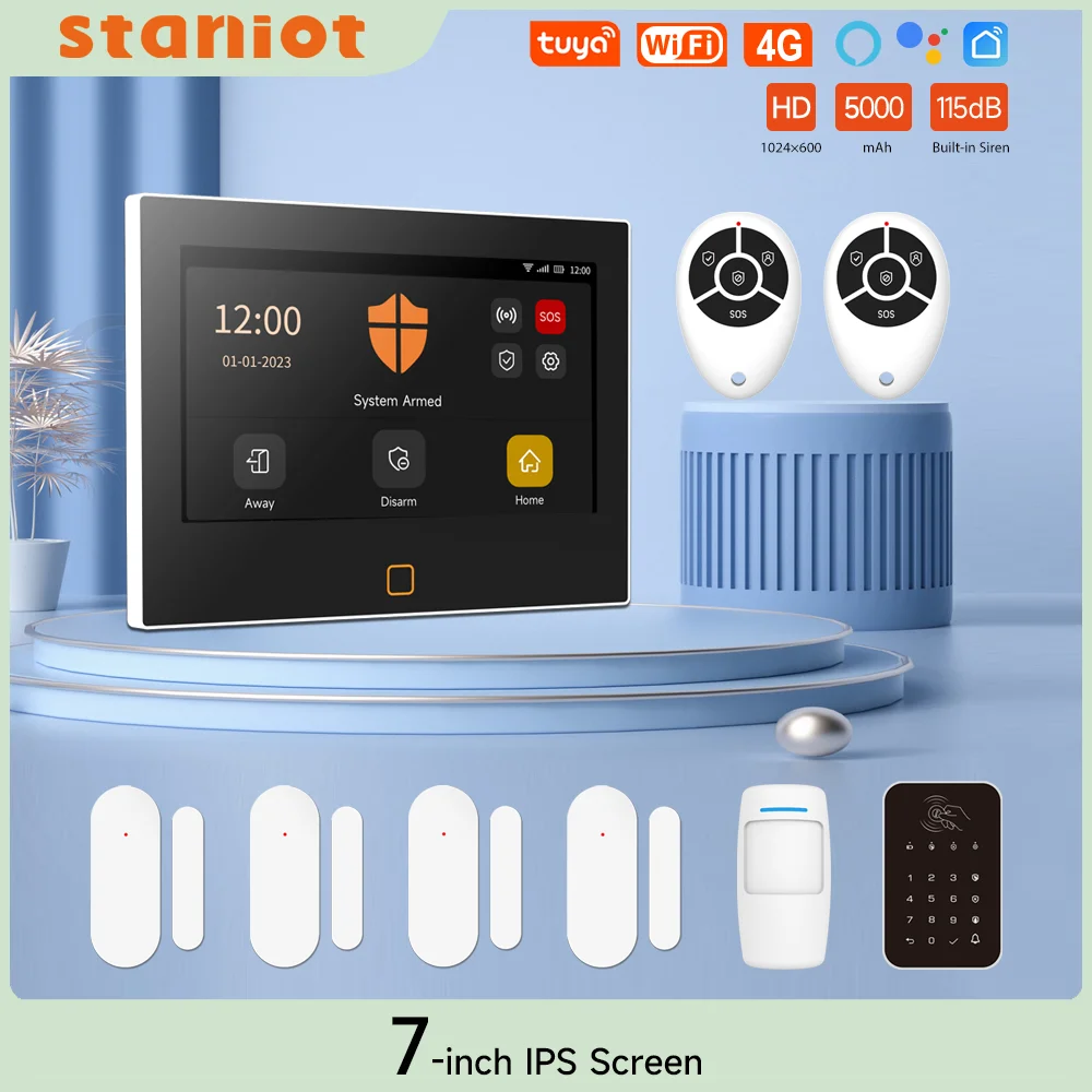 Staniot-sistema de alarma HD de 7 pulgadas, inalámbrico, WiFi, 4G, Tuya, protección de seguridad para el hogar inteligente, funciona con Alexa, Control remoto por aplicación de Google,Batería integrada de 5000 mAh
