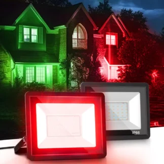 Luz de inundación LED roja de 50 W con sensor de atardecer a amanecer, resistente al agua IP66 para decoración navideña al aire libre, listado por UL, paquete de 2
