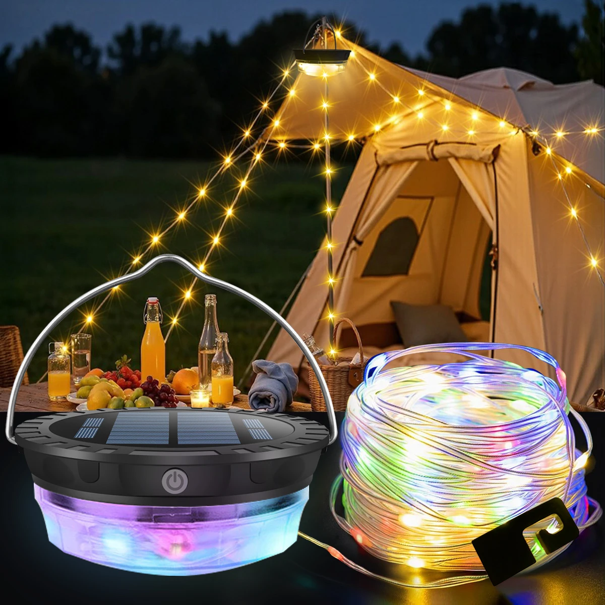Guirnaldas de luces solares para acampar, guirnaldas de luces, lámpara Solar portátil impermeable con 3 modos, linterna para tienda recargable colgante