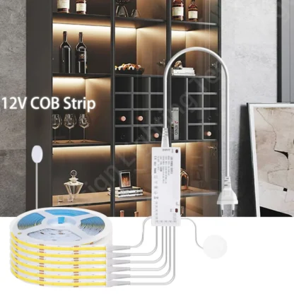 Tira de luces LED COB de 12V para armario, 320LED/M, estante de cocina, despensa, escaparate, armario, lámpara de retroiluminación, Sensor de movimiento táctil manual regulable