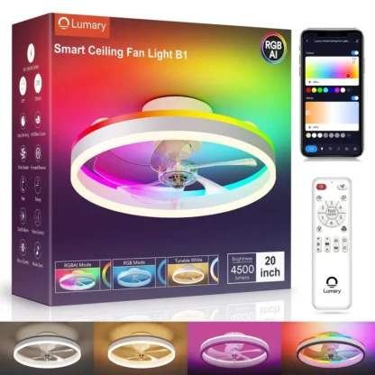 Ventiladores de techo WiFi inteligentes con luces, ventiladores de techo de montaje empotrado RGBAI con luces y control remoto, modo de iluminación dual, impresión baja LED moderna