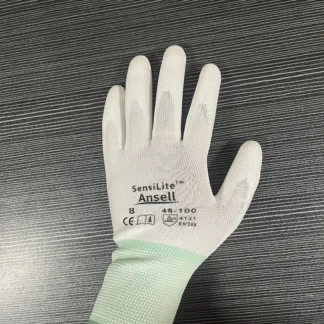Ansell HyFlex 48-100 (1 par) guantes blancos de nailon, revestimiento de palma de PU, resistentes al aceite y al desgaste, funcionamiento preciso
