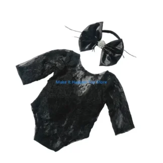 Conjunto pelele encaje 28EC, pelele encaje delicado con diadema para fotografía recién nacido, incluye diadema para