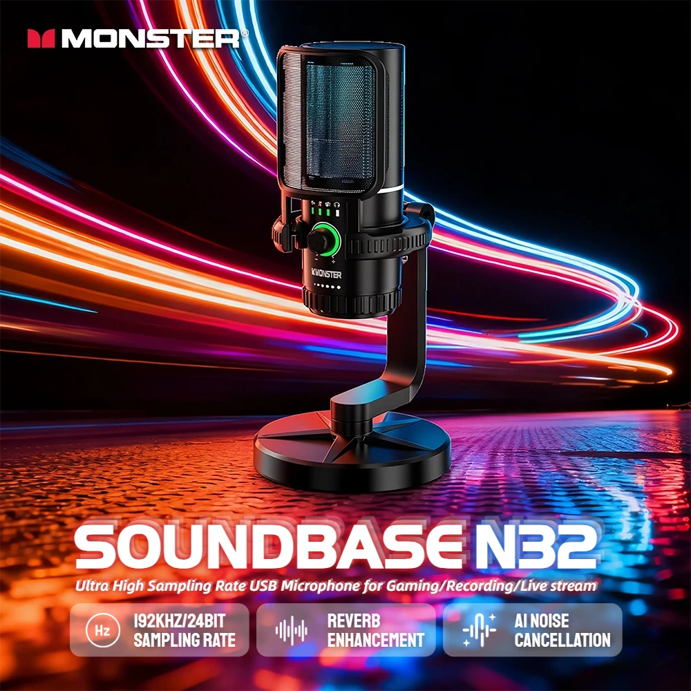 Micrófono USB para juegos Monster N32, micrófono condensador cardioide de 192KHz/24 bits con filtro pop para PC, Youtube, juegos, flexión en vivo