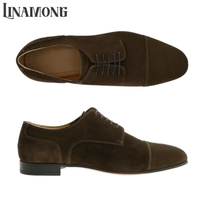 Zapatos de vestir con cordones y punta de almendra Oxfords de cuero de ante marrón, zapatos de cuero hechos a mano de estilo diseñador para hombres, zapatos de vestir para banquetes