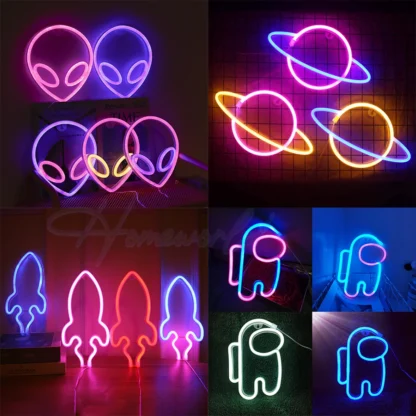 Planeta Spaceman Alien letrero de neón luz cohete patrón modelo lámpara LED decoración pared de la habitación de los niños fiesta cumpleaños tienda de Navidad regalo