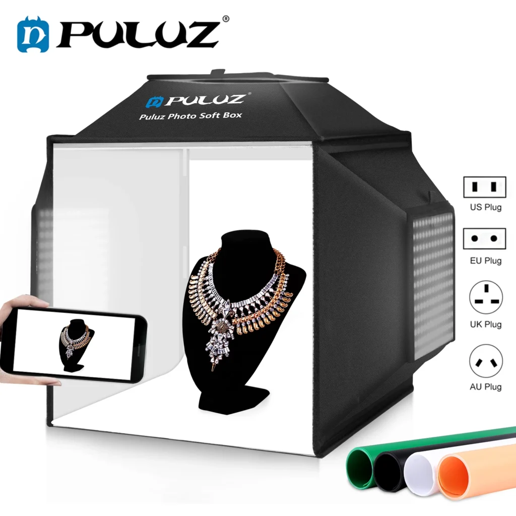 Puluz Caja de luz para estudio fotográfico de 40 cm/15,8'', fondo de 4 colores, kit de caja de luz para fotografía de 72 W y 5500 K, kit de caja de tienda de estudio de fotografía plegable