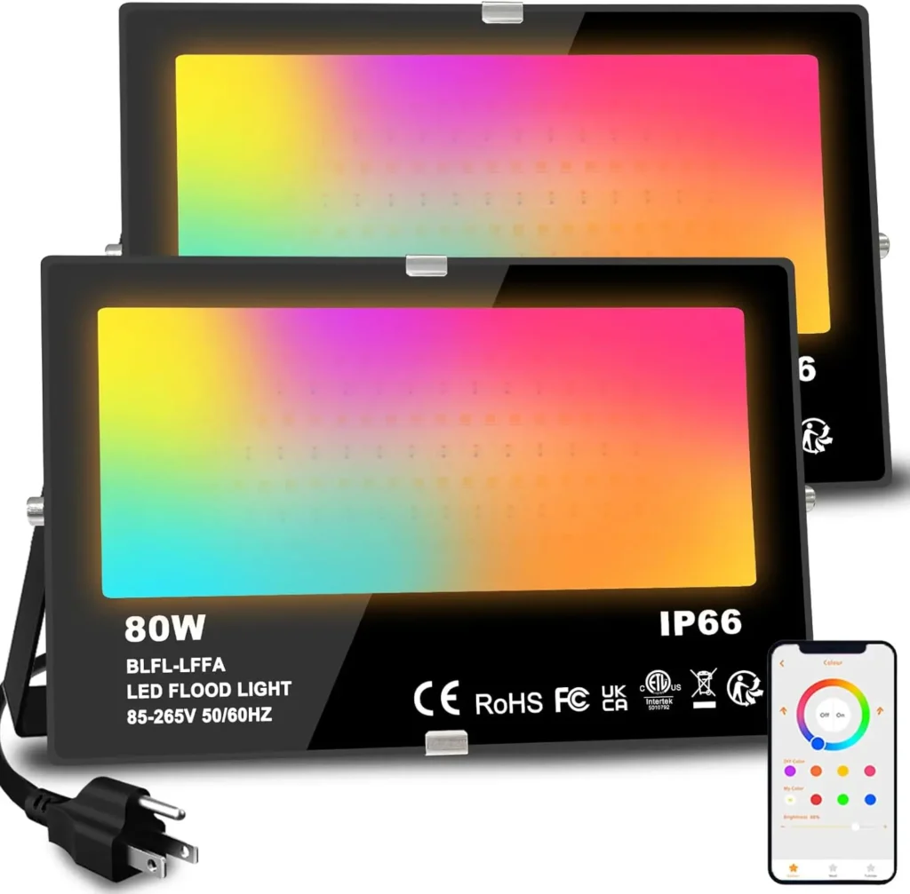 Luz de inundación LED RGB inteligente 800W equivalente 8000LM con control de aplicaciones, resistente al agua IP66, función de sincronización (paquete de 2)